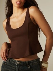 MISSGUIDED 細肩帶荷葉邊短版背心上衣，圓領低背設計，適合夏季休閒時尚造型 - 棕色 - 查看 4