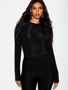 KIZN Body de malla transparente de manga larga con cuello redondo, detalle de logotipo, ajuste ceñido y cierre de broches, top para fiesta y noche - Negro - Ver 1