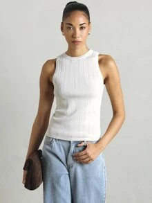 KSTM Ribbed Knit Contrast Detail Sleeveless Tank Top Crew Neck Fitted Summer Essential - Apricot - View 2