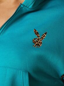 Missguided x Playboy Leopard Print Binding Zip Through Cropped Hoodie With Bunny Logo Detail, Centre Pocket, Ribbed Cuffs, Script Back Print, Fall Winter Essential - Teal Blue - View 5