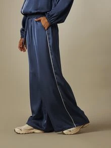 MISSGUIDED Satin Wide Leg Trousers With Contrast Piping Detail, Elasticated Waist, Drawstring, Full Length Palazzo Pants - Blue - View 1