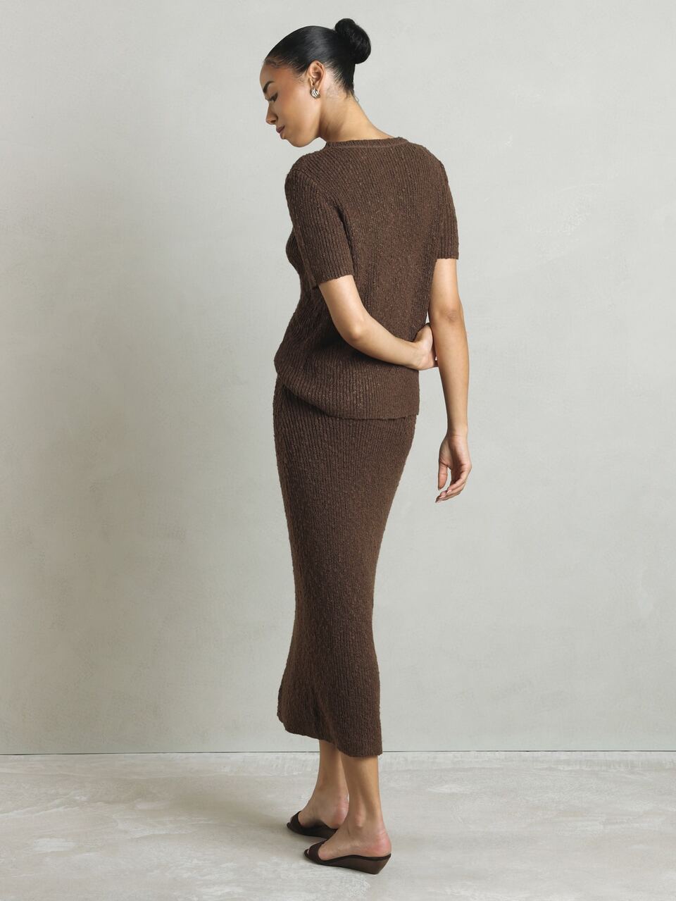 KSTM Textured Ribbed Knit Co-Ord Set Short Sleeve Crew Neck Sweater Top And Midi Pencil Skirt Two Pieces Outfit Everyday Home Dark Brown Autumn Casual