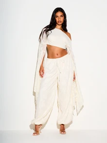 KIZN Floral Textured Parachute Trouser With Drawstring Waist Wide Leg Balloon Hem Layered Overlay Summer Festival Pants - Apricot - View 4