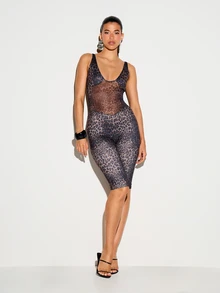 KIZN Leopard Print Mesh Capri Jumpsuit Scoop Neck Sleeveless Body-Con One-Piece Party Night Out Style - Multicolor - View 1