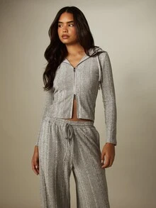 MISSGUIDED Ribbed Knit Full-Zip Cropped Hoodie And Wide Leg Drawstring Pants Co-Ord Set Two Pieces Loungewear Outfit Everyday Grey Autumn Casual - Light Grey - View 4