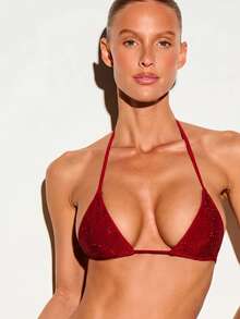 KIZN Rhinestone Embellished Triangle Bikini Top With Tie-Side String Bottoms Luxury Crystal Swimwear Set For Beach And Resort Season - Red - View 5