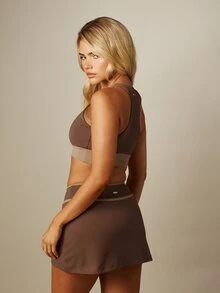 Missguided x Playboy Logo Sports Bra With Racerback Design, Two-Tone Color Block Band, Scoop Neckline, Cropped Fit, Perfect For Casual And Active Everyday Wear - Brown - View 3