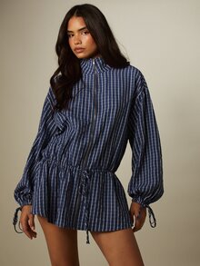 MISSGUIDED 條紋印花前拉鍊高領迷你洋裝，抽繩收腰與泡泡袖設計 - 藍色 - 查看 4