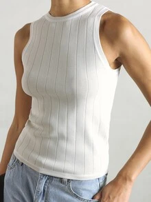 KSTM Ribbed Knit Contrast Detail Sleeveless Tank Top Crew Neck Fitted Summer Essential - Apricot - View 1