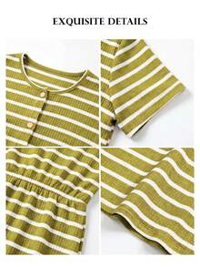 ELLERISSA Plus Size Green Stripe Round Neck Front Button Waffle Knit Midi Dress - Green - View 8