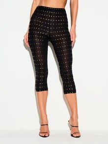 KIZN Studded Mesh Capri Leggings With All-Over Gold Pyramid Studs High-Rise Semi-Sheer Stretch Party Night Out - Black - View 1