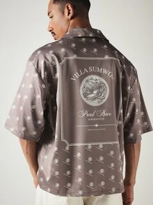 SUMWON Villa Pool Bar Beach Club Monogram AOP Short Sleeve Boxy Satin Camp Collar Button-Up Shirt Summer Holiday - Brown - View 1