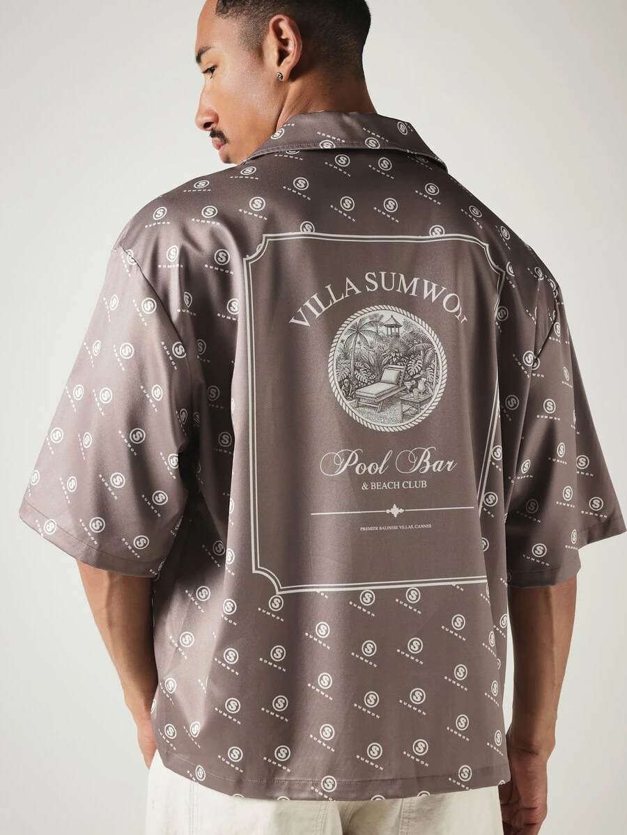 SUMWON Villa Pool Bar Beach Club Monogram AOP Short Sleeve Boxy Satin Camp Collar Button-Up Shirt Summer Holiday - Brown - View 1