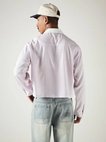 SUMWON Cropped Striped Button-Front Collared Shirt With Contrast White Collar Long Sleeve Boxy Fit Casual Spring Summer Top - Multicolor - View 3
