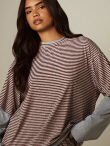 MISSGUIDED Striped Double Layer Oversized T-Shirt With Short Sleeve Crew Neck Casual Relaxed Fit Jersey Top - Multicolor - View 4
