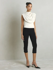 KSTM High Neck Draped Cowl Front Ruched Sleeveless Top With Cap Sleeve Detail And Elegant Silhouette - Beige - View 3