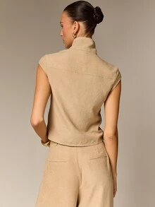 AiiRZ Funnel Neck Shoulder Pad Sleeveless Button-Front Vest Top Structured Cap Sleeve Minimalist Chic Spring Summer - Khaki - View 3