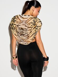 KIZN Tiger Print Cowl Neck Crop Top Draped Mesh Open Back Sleeveless Party Night Out Summer Festival Style - Brown - View 2