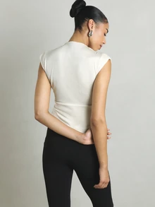 KSTM High Neck Draped Cowl Front Ruched Sleeveless Top With Cap Sleeve Detail And Elegant Silhouette - Beige - View 2