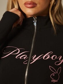 Missguided x Playboy Fitted Full Zip Up Long Sleeve Top With Iconic Script Logo Print And Bunny Graphic, Mock Neck, Slim Fit, Casual Everyday Wear - Black - View 2