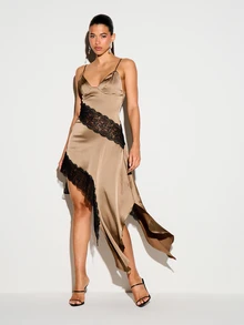 KIZN Đầm slip midi satin viền ren đen hình sò, gấu bất đối xứng, dây áo mảnh, dự tiệc tối - màu xanh lá - Xem 1