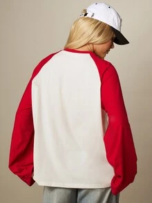 Missguided x Playboy Oversized Raglan Long Sleeve T-Shirt With Iconic Bunny Logo Embroidery, Color Block Baseball Style, Crew Neck, Casual Everyday Top - Red and White - View 2