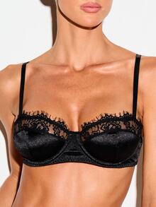 KIZN Satin And Lace Balconette Bralette With Underwire Lace Trim Cups Adjustable Straps Intimate Lingerie - Black - View 5