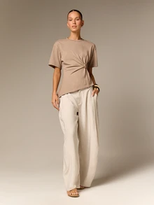 AiiRZ Cinch Waist Gold Ring Detail Crew Neck Short Sleeve T-Shirt With Asymmetric Hem And Gathered Front - Khaki - View 4
