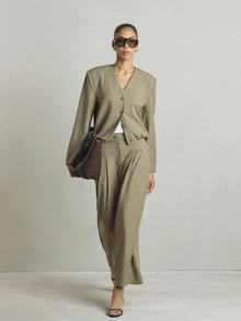 KSTM Cropped Collarless Button-Up Jacket With Structured Shoulders And Long Sleeves For Spring Office Wear - Green - View 3