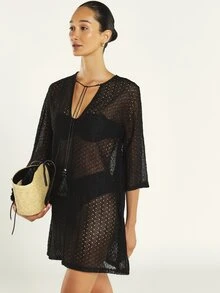 KSTM Sheer Crochet Knit Beach Cover-Up Mini Dress With Tassel Tie Neckline And Flared Sleeves - Black - View 1