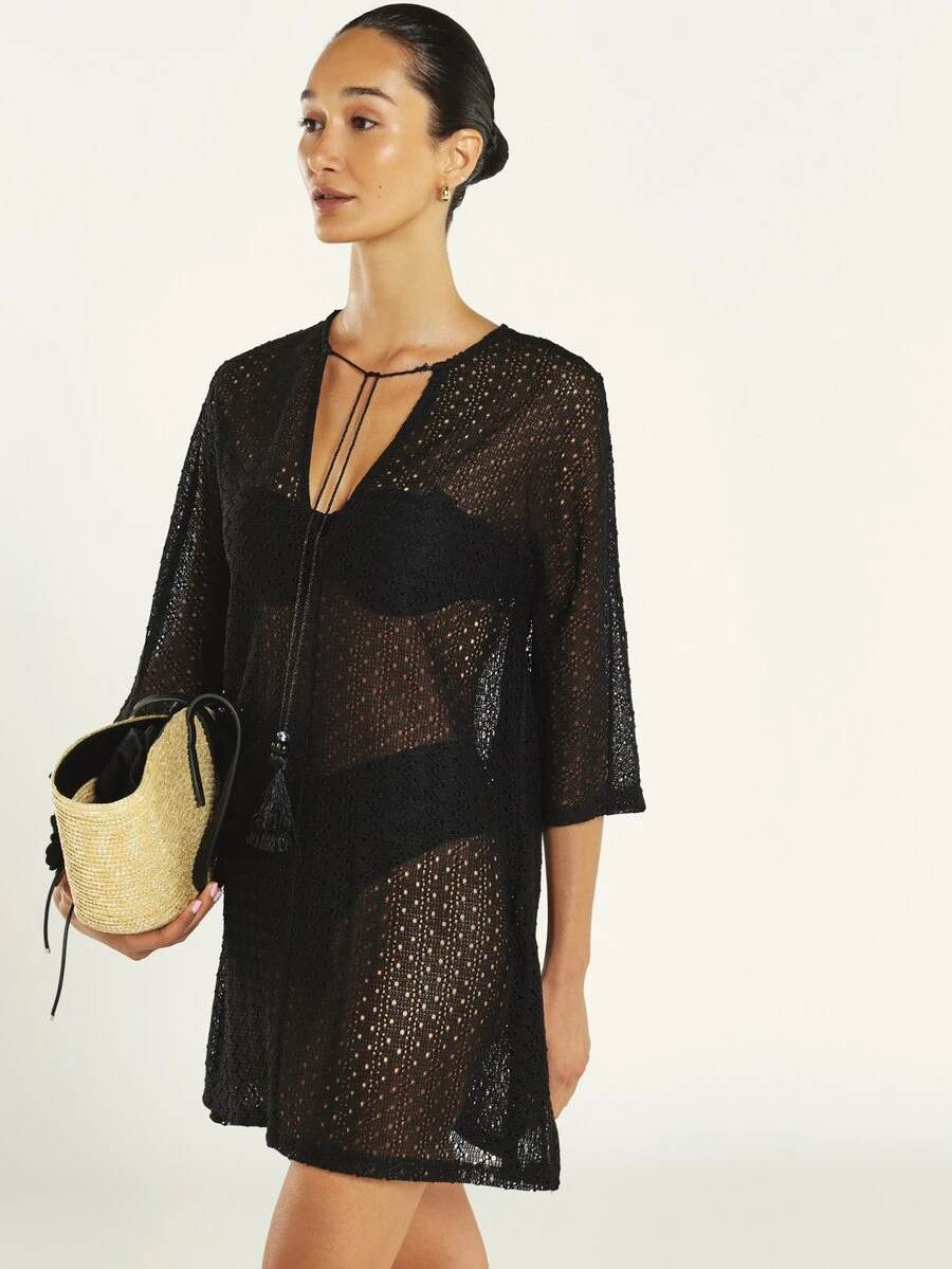 KSTM Sheer Crochet Knit Beach Cover-Up Mini Dress With Tassel Tie Neckline And Flared Sleeves - Black - View 1