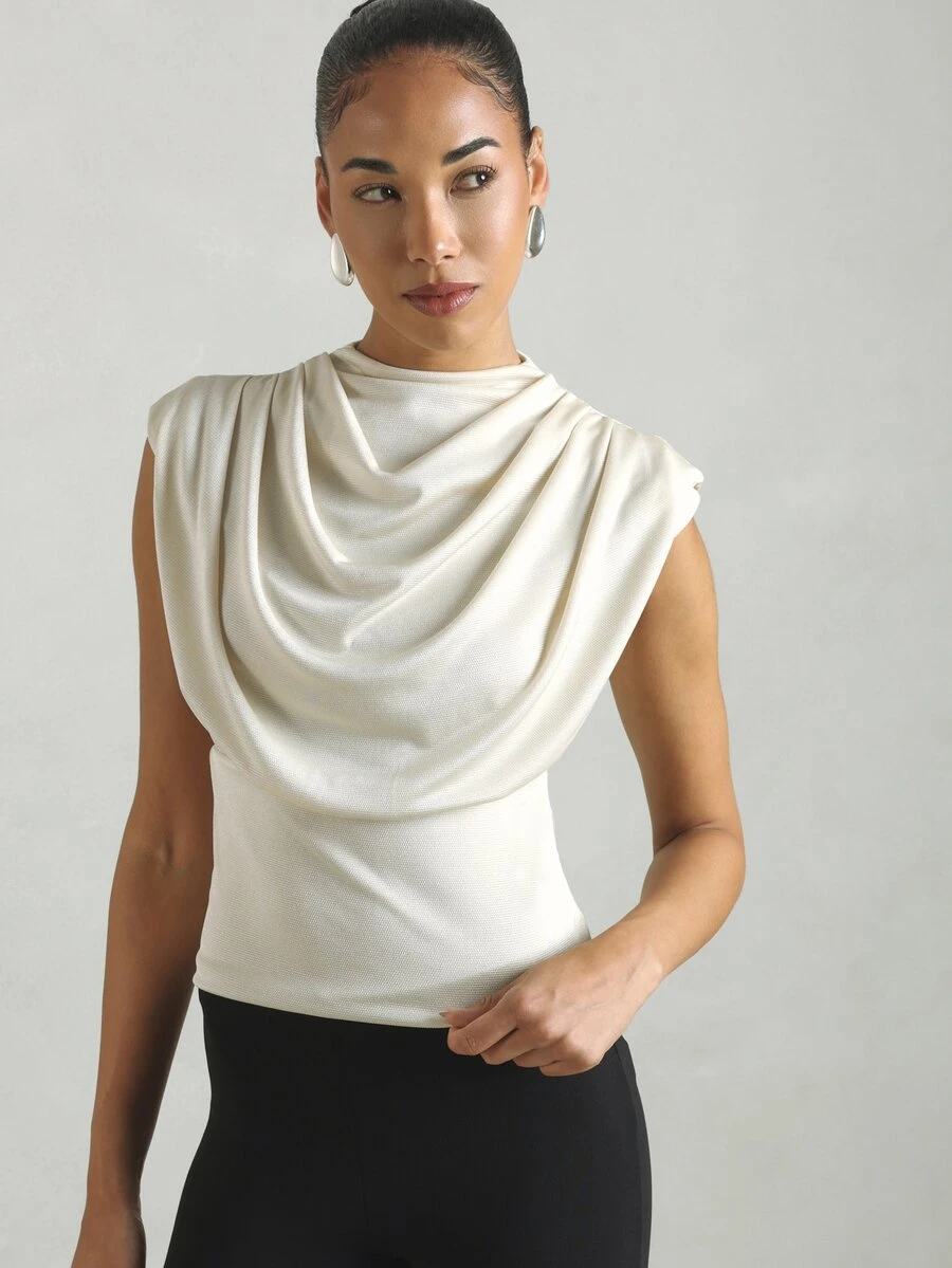 KSTM High Neck Draped Cowl Front Ruched Sleeveless Top With Cap Sleeve Detail And Elegant Silhouette - Beige - View 1