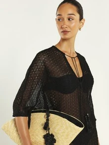 KSTM Sheer Crochet Knit Beach Cover-Up Mini Dress With Tassel Tie Neckline And Flared Sleeves - Black - View 3