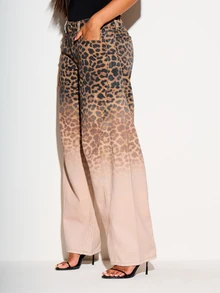 KIZN Jeans de pierna ancha con estampado de leopardo y efecto degradado, cintura media, pantalones de mezclilla de largo completo - Multicolor - Ver 5
