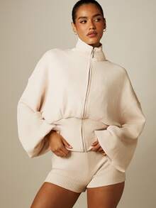MISSGUIDED Stretch Waffle Knit Zip-Through Funnel Neck Cinched Waist Top And Hot Pants Co-Ord Set - Khaki - View 1