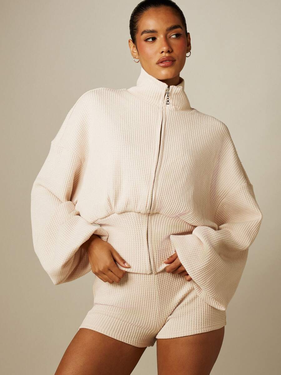 MISSGUIDED Stretch Waffle Knit Zip-Through Funnel Neck Cinched Waist Top And Hot Pants Co-Ord Set - Khaki - View 1