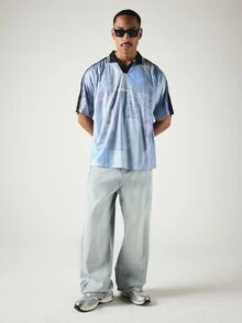 PLAYBOY X SUMWON Oversized Mesh Polo Shirt With All-Over Star Print Short Sleeve Open Collar Jersey Top Summer Festival Streetwear - Multicolor - View 3