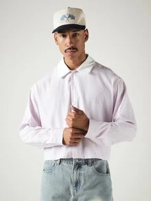 SUMWON Cropped Striped Button-Front Collared Shirt With Contrast White Collar Long Sleeve Boxy Fit Casual Spring Summer Top - Multicolor - View 2