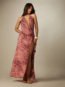 MISSGUIDED Leopard Print Halter Neck Plunge Deep V Maxi Dress With High Slit And Ruffle Fishtail Hem Summer Evening - Purple - View 4