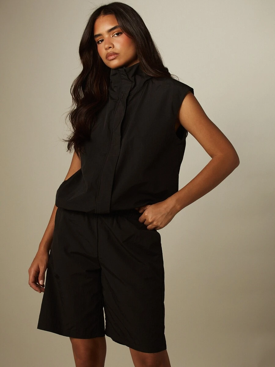 MISSGUIDED Funnel Neck Sleeveless Gilet And Bermuda Long Shorts Co-Ord Set Summer Two-Piece Casual Outfit - Black - View 1