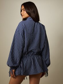 MISSGUIDED 條紋印花前拉鍊高領迷你洋裝，抽繩收腰與泡泡袖設計 - 藍色 - 查看 2