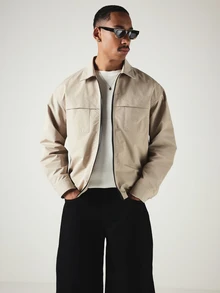 SUMWON Cargo Zip-Up Overshirt Jacket With Dual Chest Pockets Long Sleeve Collared Casual Layering Spring Outerwear Shirt - Camel - View 5