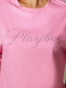 Missguided x Playboy Oversized Graphic T-Shirt With Rhinestone Script Logo Print, Crew Neck, Drop Shoulder, Short Sleeve, Casual Streetwear Boxy Tee, Summer Pink - Pink - View 5