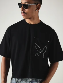 PLAYBOY X SUMWON Oversized Boxy Crop Tee With Bunny Outline Chest Print And Silver Snap Buttons Street Style Summer Essential - Black - View 1