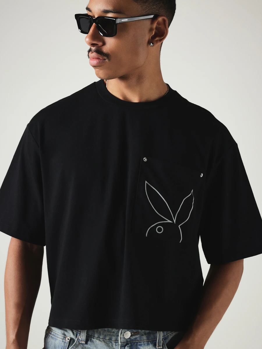 PLAYBOY X SUMWON Oversized Boxy Crop Tee With Bunny Outline Chest Print And Silver Snap Buttons Street Style Summer Essential - Black - View 1
