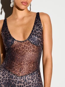 KIZN Leopard Print Mesh Capri Jumpsuit Scoop Neck Sleeveless Body-Con One-Piece Party Night Out Style - Multicolor - View 2