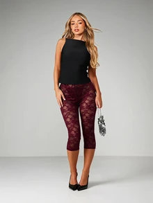 MISSGUIDED 透視蕾絲花卉圖案亮片裝飾優雅晚宴七分褲 - 酒紅色 - 查看 3