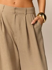 AiiRZ High-Waisted Wide Leg Tailored Trouser Pants With Pleated Front And Cinched Hem Detail For Elegant Occasions - Khaki - View 5