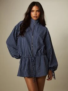 MISSGUIDED 條紋印花前拉鍊高領迷你洋裝，抽繩收腰與泡泡袖設計 - 藍色 - 查看 1