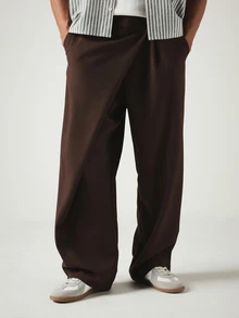 SUMWON Crossover Wide Leg Trouser Pleated Dress Pants Casual Tailored Full Length Overlap Waist Style - Brown - View 5